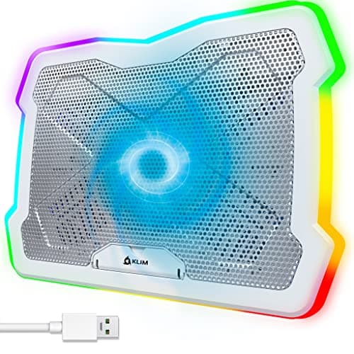 KLIM Ultimate RGB Laptop Cooling Pad with LED Rim – New Gaming Cooler with USB Powered Fan – Stable & Silent Stand – Compatible w/Up to 17" PCs, Macs, PS5, PS4 – White