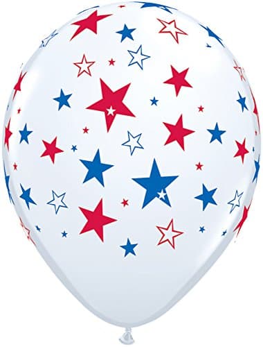 24 Patriotic Stars Print 11" Latex Balloons - White with Blue & Red ...