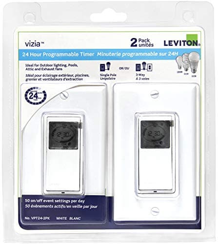Leviton 2-Pack 24 Hour Timer Vizia+, 15 Amp, 3-Way or More Locations, with astronomic Clock, Backlit LCD Display, VPT24-2PK, White
