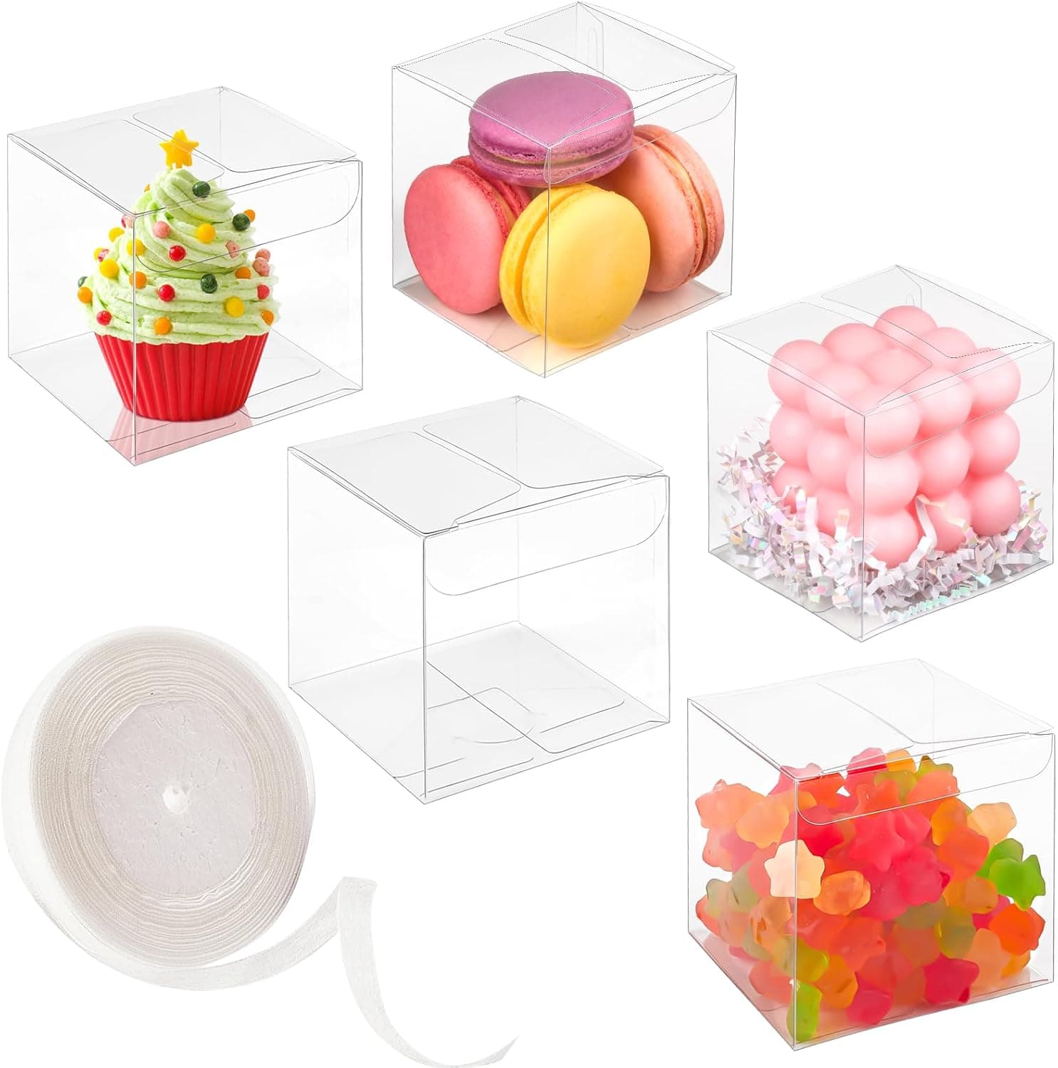 45 Pack 3x3x3 Inches Clear Favor Boxes with Ribbons, Transparent ...