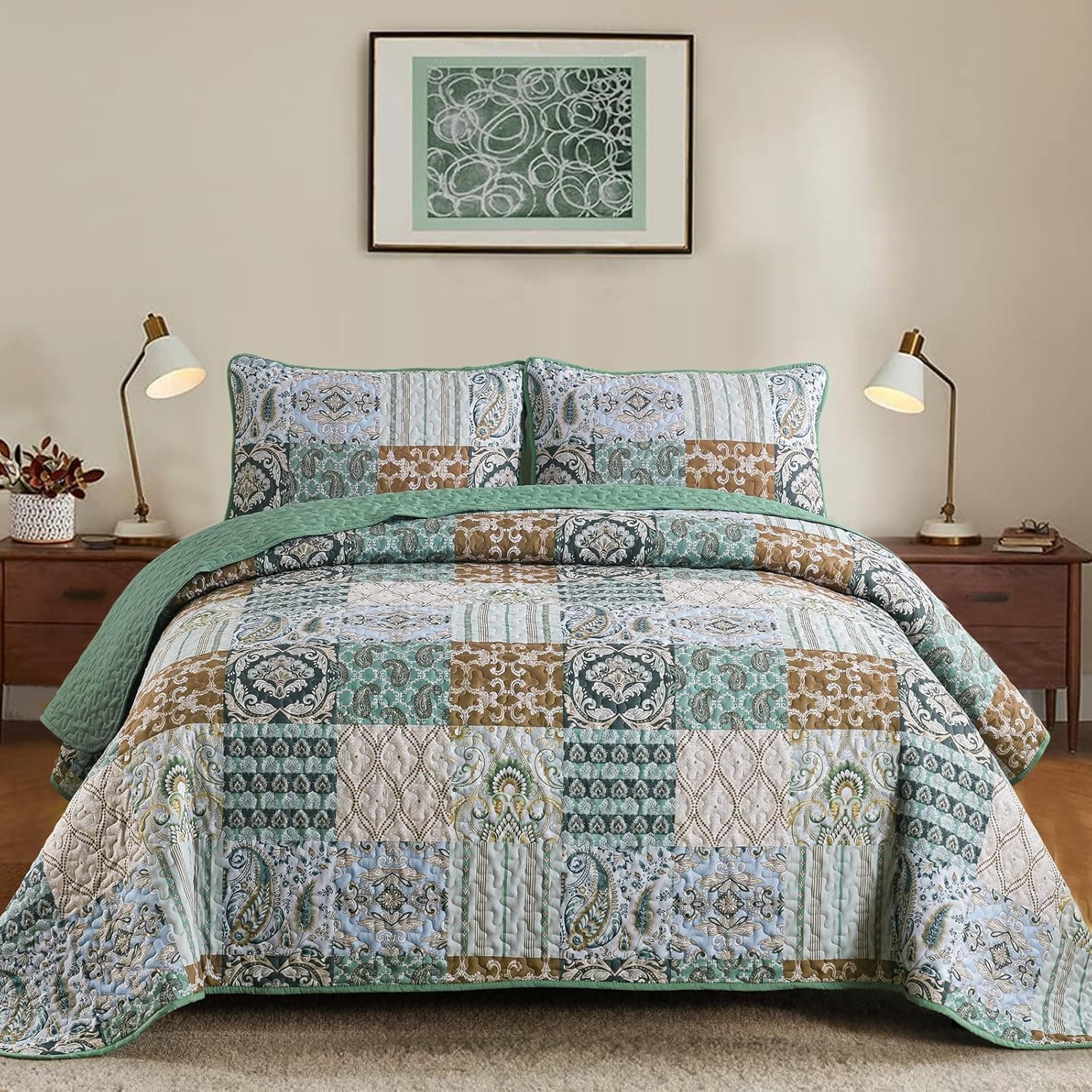 Amazon.com: WONGS BEDDING Boho Quilt Set King Size, Paisley Patchwork ...