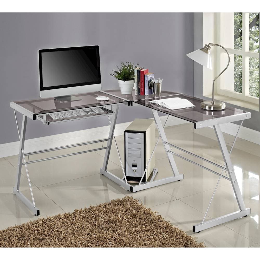 Walker Edison Modern gal-Shaped Tempered Glass Computer Desk Smoke/Silver ...