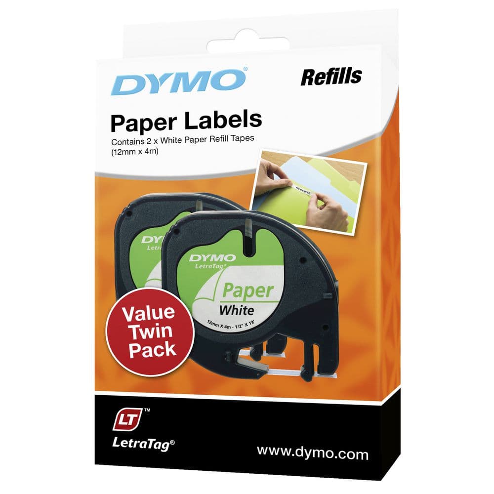 DYMO LetraTag Paper Label Tape 12mm Black on White 2 Pack | Officeworks