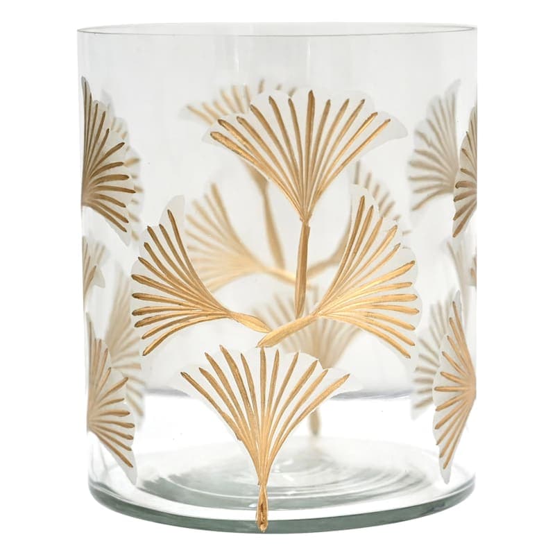 Found & Fable Etched Gingko Leaf Glass Hurricane Candle Holder, 7"