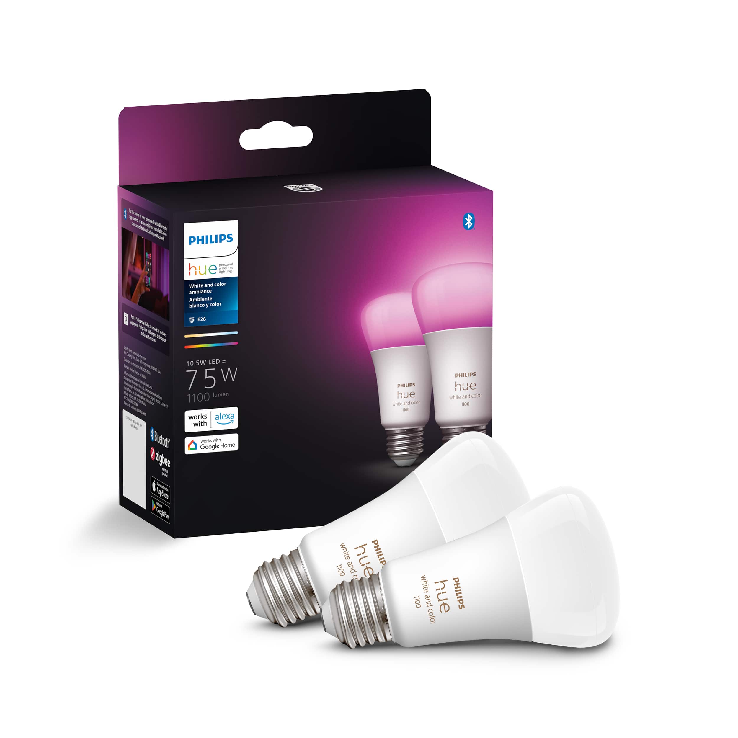 Philips - Hue A19 Bluetooth 75W Smart LED Bulb (2-Pack) - White and ...