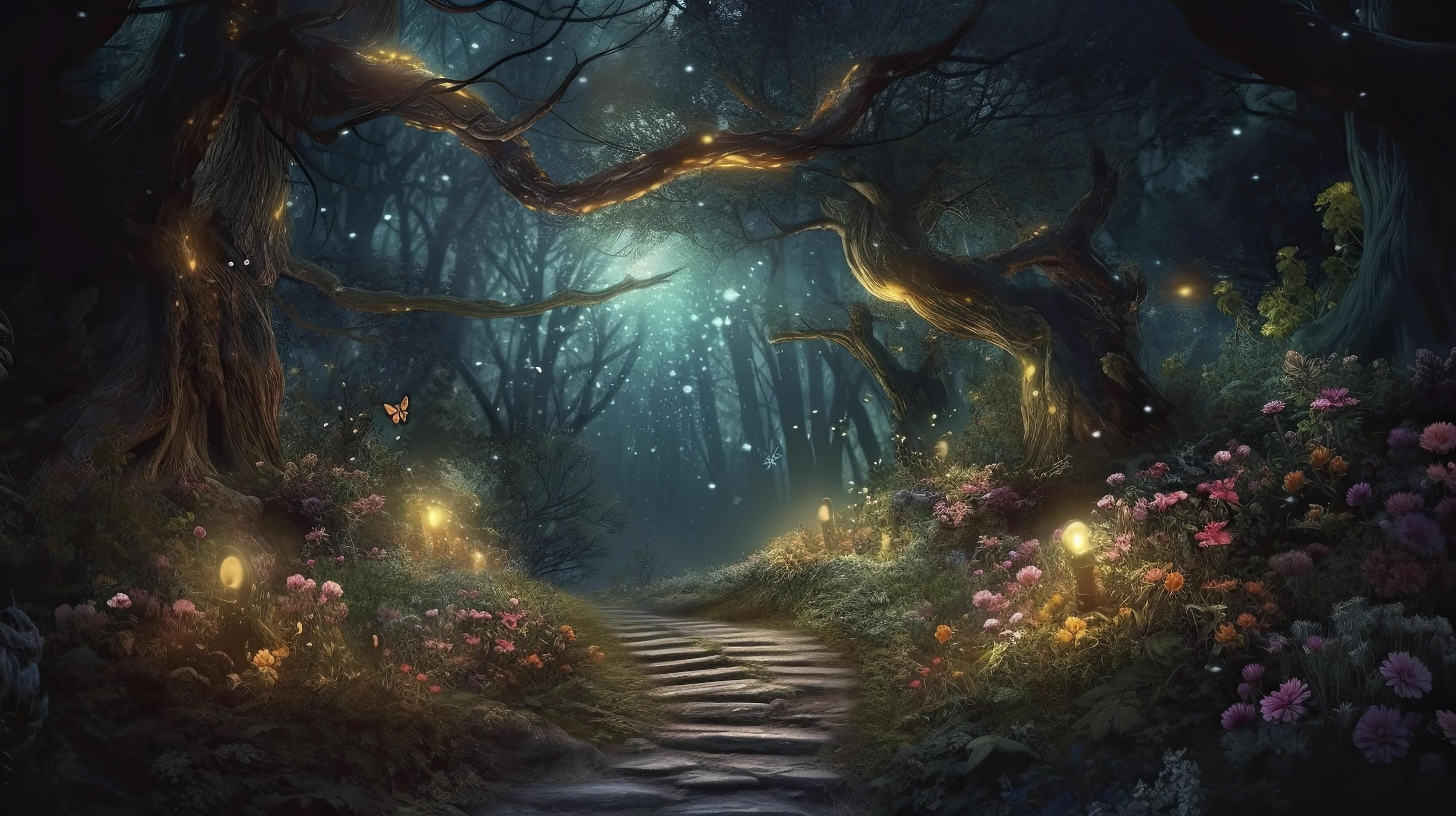 Magical fantasy fairy tale scenery, night in a forest, Generate Ai ...