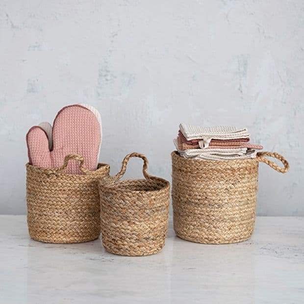 Braided Jute Handled Storage Baskets Set of 3 | Antique Farmhouse